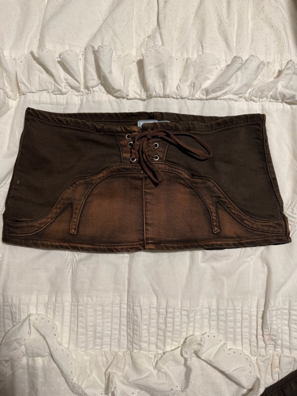 REVICE Brown Lace-Up Denim Halter Crop Top/skirt/low rise pants - Picture 2 of 3